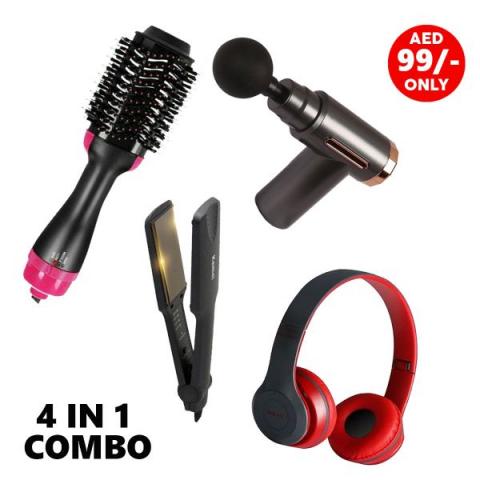 4 in 1 Combo Offer - One Step Styler Brush +Kemei Hair Straightener +  Massage Gun + P47 Wireless Headphones