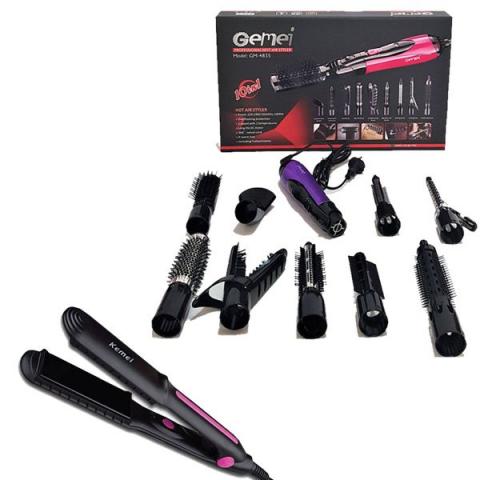 Combo Offer - Gemei 10 in 1 Hot Air Hair Styler + Kemei Professional Hair  Iron