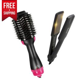 2 in 1 Combo- One Step Hot air brush + Kemei 329 Hair Straightener Iron - Fabvariety