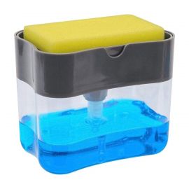 2 in 1 Sponge Rack Shelf Soap Detergent Dispenser Pump, Large Capacity with Sponge, 1 Hand Operation