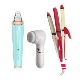 3 in 1 Combo Offer - Cordless Blackhead Remover Vacuum Extractor Tool + 4D Face Washer + Jundeli 3 in 1 Hair Straightener With Curler and Crimper