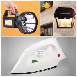 3 in 1 Combo  - Multifunction Strong Search Light + Dry Steam Iron With Spray + Solar Wall Lamp - Fabvariety