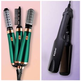 2 in 1 Hair Styling Combo - 3 In 1 Multi-Attachment Hair Styler + Kemei Professional Hair Straightener - Fabvariety