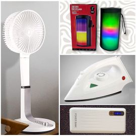 4 in 1 Combo - Mini Bluetooth Speaker + Dry Steam Iron With Spray + Rechargeable Folding Fan With LED Light + Power bank - Fabvariety