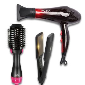 3-in-1 Hair Styling Combo for Women - One Step Hair Styler + Kemei Hair Straightener Iron + Rozia Hair Dryer - Fabvariety
