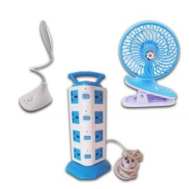 Combo Offer- 16 Outlet Power Strip + Rechargeable Multi-Functional Fan + Rechargeable Flexible Table Lamp