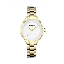 Curren Analog Stainless Steel Quartz Wrist Watch for Women, Water Resistant, Gold-White, 9015