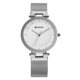 Curren Analog Stainless Steel Quartz Wrist Watch for Women, Water Resistant, Silver-White, 9005