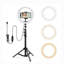 Ring Light with Tripod Mount and Dual Phone Bracket, 10 Inch, Multicolour - Fabvariety